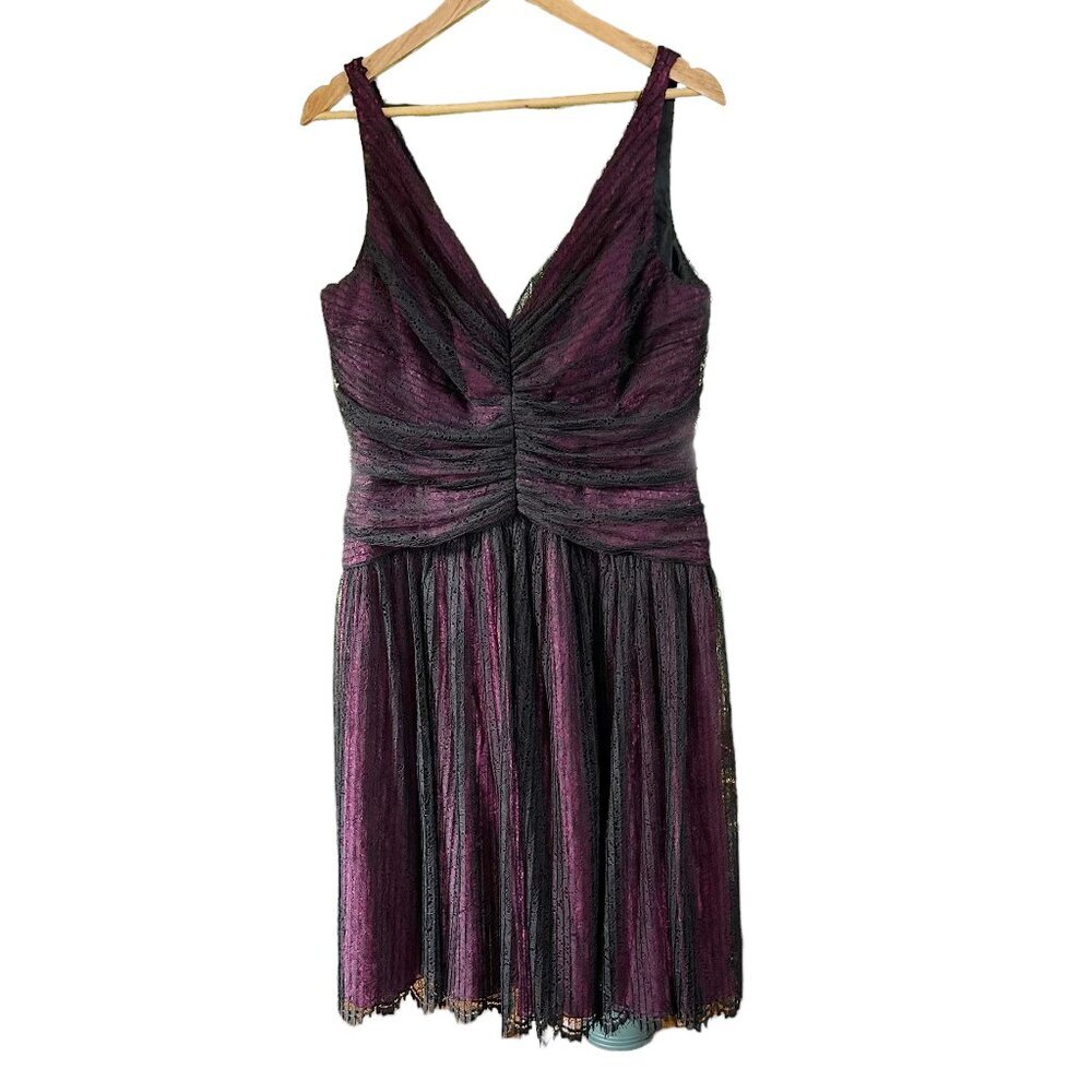 Carmen Marc Valvo Lace Black Dress Silk Underlay Fuchsia Slip under Lace 16 NWOT